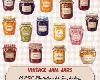 15 Vintage Jam Jar Clipar PNG: Akwarele z przetworami owocowymi, Rzemieślnicza ilustracja kulinarna, Pobieranie cyfrowe