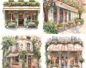 Parisian Cafe Watercolor Clipart JPG Set Floral Storefronts 300 DPI
