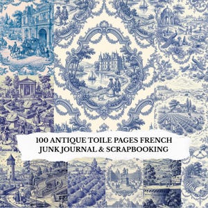 100 Antique Blue Toile Paper Pack, French Toile de Jouy Printable, Vintage Blue Ivory Wallpaper Pages, Junk Journal Paper,Scrapbooking Paper