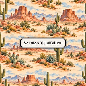 Southwest Desert Watercolor Seamless Pattern, Desert Landscape Digital Paper PNG, Western Fabric Print, 12x12 300 DPI