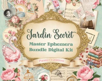 May include: A digital kit titled "Jardin Secret" with a gold ornate frame. The image features a swan, roses, a fan, gloves, and other vintage ephemera in pastel colors. The text reads "Master Ephemera Bundle Digital Kit - Pastel Edition."