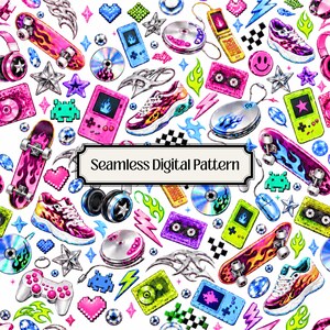 Puede incluir: Un patrón digital sin costuras que presenta ilustraciones inspiradas en los años 2000 con monopatines con diseños de llamas, zapatillas deportivas gruesas, consolas portátiles, casetes, CD, auriculares, mandos de juego y rayos.
