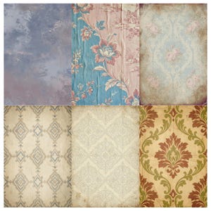 Puede incluir: Un collage de seis texturas de papel vintage. La fila superior presenta un fondo azul-p&uacute;rpura nublado, un patr&oacute;n floral con tonos azules y rosas, y un dise&ntilde;o floral azul claro. La fila inferior muestra varios dise&ntilde;os estampados en tonos beige y marr&oacute;n.