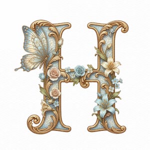 May include: An ornate letter "H" featuring a light blue and gold design. A butterfly rests on the left side, with roses, lilies, and other flowers adorning the letter. The background has a subtle, textured pattern.