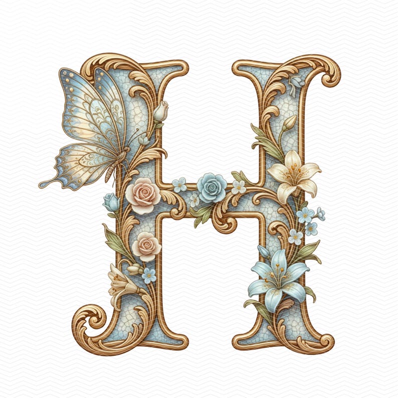 May include: An ornate letter "H" featuring a light blue and gold design. A butterfly rests on the left side, with roses, lilies, and other flowers adorning the letter. The background has a subtle, textured pattern.