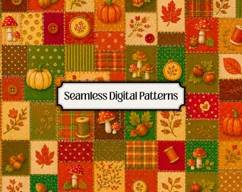 Rustic Autumn Patchwork Seamless Pattern, Fall Quilt Fabric, Pumpkin Mushroom Acorn Hazelnut Leaves, Digital Scrapbook Paper, Cottagecore