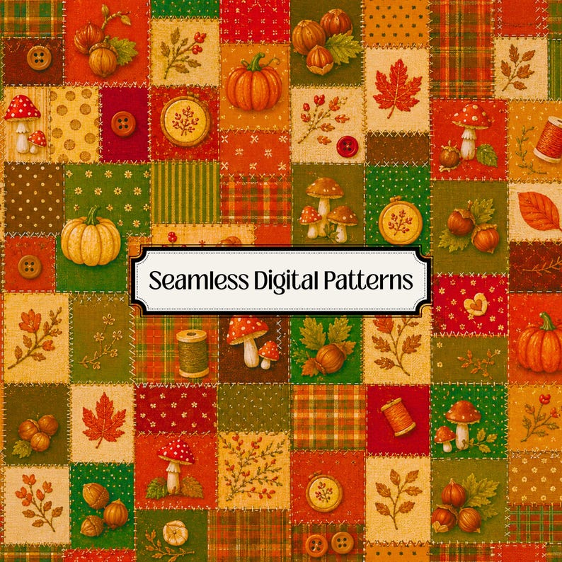 autumn pattern, fall pattern, seamless patchwork, quilt fabric, rustic fall, pumpkin pattern, mushroom pattern, hazelnut pattern, acorn pattern, autumn leaves, harvest pattern, fall fabric, cottagecore, farmhouse decor, woodland pattern, vintage quilt, gingham plaid, digital paper, scrapbook paper, sewing crafts, textile design, cozy autumn, harvest decor, rustic farmhouse, botanical pattern, digital download