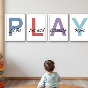 PLAY Letters Wall Art, Set of 4 Prints, Kids Playroom Decor, Classroom Posters, Kindergarten, Nursery Daycare Printable Wall Art, PLAY Sign