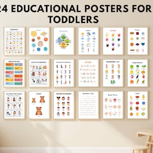 Educational Posters For Toddlers, 24 Learning Prints For Kids, Printable Alphabet, Numbers, Shapes, Homeschool & Classroom, Playroom Decor