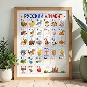 Könnte beinhalten: Ein gerahmtes Lernposter mit dem russischen Alphabet. Jeder Buchstabe ist mit einer farbenfrohen Illustration eines entsprechenden Wortes versehen, wie z. B. eine Wassermelone für den Buchstaben 'A'. Das Poster befindet sich in einem hellen Holzrahmen und wird in einem Raum mit Pflanzen ausgestellt.