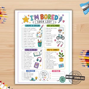 I'm Bored Printable List For Kids, Summer Activities Checklist, Boredom Buster Chart, Rainy Day Fun, Children Screen Free Busy List Sheet