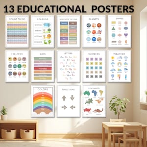 May include: A set of 13 educational posters featuring topics such as count to 100, seasons, months of the year, planets, shapes, feelings, days, letters, numbers, weather, colors, directions, and continents, all displayed with clear text and graphics.
