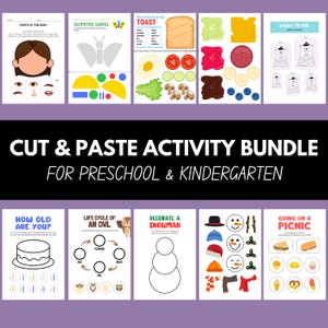 Educational Cut and Paste Activity Bundle Scissor Skills Cutting Practice Worksheets for Pre-K Preschool & Kindergarten Printable Busy Book
