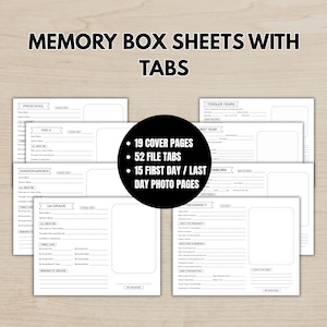 Memory Box Cover Pages & Tabs, Baby Keepsake Organizer, Childhood File Box Templates, School Year Questionnaire, Printable Milestone Pages