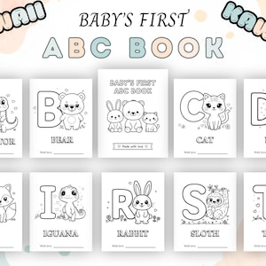 Könnte beinhalten: Ein druckbares Malbuch mit dem Titel Baby's First ABC Book, das schwarz-weiße Strichzeichnungen von Tieren für jeden Buchstaben von A bis T enthält. Jede Seite zeigt einen großen Großbuchstaben, ein Tier und das entsprechende Wort.