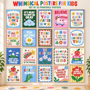 May include: A set of 20 printable posters featuring colorful illustrations and motivational text. Each poster displays unique designs including rainbows, smiling fruits, animals, and uplifting phrases like You Matter and Believe In Your Dreams.