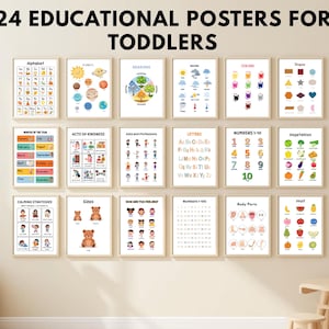Educational Posters For Toddlers, 24 Learning Prints For Kids, Printable Alphabet, Numbers, Shapes, Homeschool & Classroom, Playroom Decor
