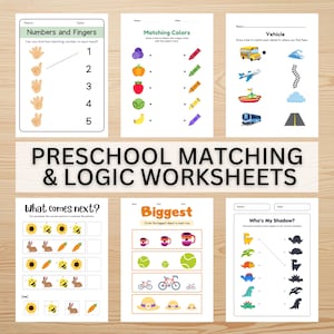 May include: A collection of preschool matching and logic worksheets. The worksheets include activities such as matching numbers to fingers, matching colors, identifying vehicles, completing patterns, finding the biggest object, and matching shadows.