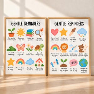 May include: Two framed posters titled Gentle Reminders, featuring watercolor illustrations of nature, animals, and objects paired with positive affirmations. Each poster contains twelve distinct icons with text captions like Keep growing, Be kind, and You are loved.