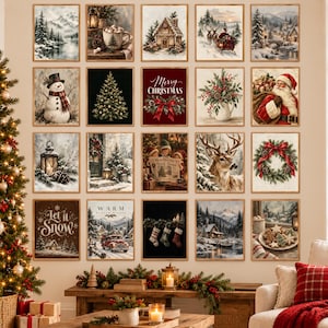 Könnte beinhalten: Eine Sammlung von zwanzig gerahmten Wandbildern mit verschiedenen Weihnachtsszenen, darunter ein Schneemann, der Weihnachtsmann, Rentiere, ein Lebkuchenhaus, ein geschmückter Baum, ein Kranz und Winterlandschaften mit dem Text Merry Christmas und Let it Snow.