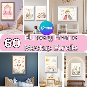 Könnte beinhalten: Eine Sammlung von gerahmten Kunstdrucken für das Kinderzimmer mit Aquarellillustrationen einer Prinzessin, Tieren, einer Rakete, einem Regenbogen und einem Hasen. Der Text "60 Nursery Frame Mockup Bundle" und das Canva-Logo sind enthalten.