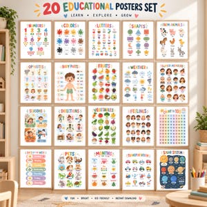 Pode incluir: Um conjunto de 20 cartazes educativos com ilustrações coloridas e texto para crianças. A coleção inclui quadros sobre números, cores, letras, formas, animais de quinta, opostos, partes do corpo, frutas, clima, membros da família, estações, direções, vegetais, sentimentos, contagem até 100, dias da semana, animais de estimação, meses, transporte e sistema solar.
