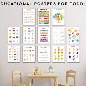 Paquete de pósteres educativos para niños pequeños: 13 láminas de aprendizaje para niños, arte mural para aulas y guarderías, alfabeto imprimible, decoración de salas de juegos con números.