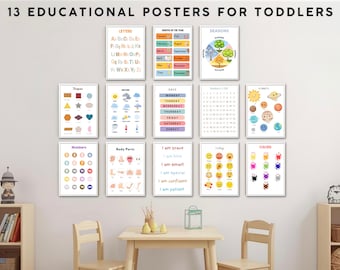 May include: Thirteen educational posters for toddlers arranged on a wall, featuring colorful illustrations of letters, months, seasons, shapes, weather, days, numbers, planets, body parts, positive affirmations, feelings, and colors with clear text.