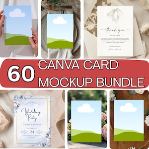 Könnte beinhalten: Eine Sammlung von Karten-Mockups, darunter eine Hochzeitseinladung, eine Dankeskarte und Karten mit blauem Himmel und Wolken-Design. Das Bild zeigt auch den Text "60 CANVA CARD MOCKUP BUNDLE".