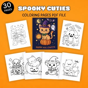 Könnte beinhalten: Eine digitale Sammlung von 30 Spooky Cuties Ausmalbildern als PDF-Datei. Die Darstellung zeigt eine farbige Illustration einer Katze mit Hexenhut auf einem Kürbis, umgeben von sechs schwarz-weißen Ausmalblättern mit Linienzeichnungen.