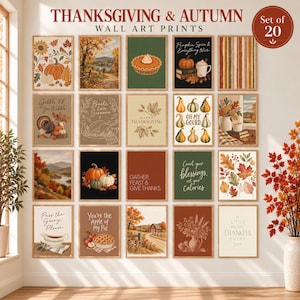 Könnte beinhalten: Ein Set aus 20 Wandkunstdrucken zu Thanksgiving und Herbst mit Illustrationen von Kürbissen, Herbstlaub, Truthähnen, Kuchen und saisonalen Texten. Die Kollektion umfasst verschiedene Designs in warmen Erdtönen, angeordnet in einem Raster.