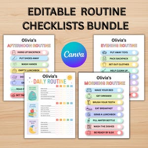 Könnte beinhalten: Ein Bündel bearbeitbarer Routine-Checklisten für Kinder, bestehend aus vier weißen Blättern mit den Titeln Olivia's Afternoon, Evening, Daily und Morning Routine. Jedes Blatt enthält farbige Aufgabenleisten mit Symbolen, Text und Kästchen zur Nachverfolgung.