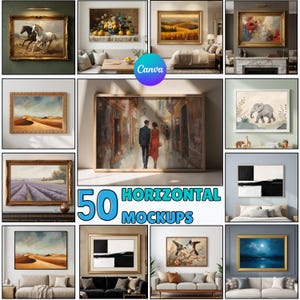 Könnte beinhalten: Eine Sammlung von fünfzig horizontalen Wandkunst-Mockups mit verschiedenen gerahmten Gemälden, darunter Landschaften, abstrakte Kunst, Tierillustrationen und Stadtszenen, präsentiert in verschiedenen Innenräumen mit goldenen und weißen Rahmen.
