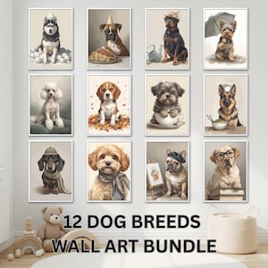 12 Funny Dog Breeds Wall Art: Dachshund , Havanese, Cavapoo, Husky, Lab, Boxer, Whimsical Pet Portrait Bundle, Printable Puppy Illustrations