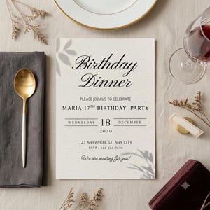 Elegant Beige Birthday Dinner Invitation, Editable Canva Template, Digital Birthday Card Printable, Any Age Minimalist Dinner Party Invite
