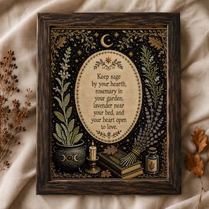 Könnte beinhalten: Ein gerahmter Kunstdruck mit dunklem Hintergrund und botanischen Illustrationen von Salbei, Rosmarin und Lavendel. Das zentrale Oval enthält den Text: Keep sage by your hearth, rosemary in your garden, lavender near your bed, and your heart open to love.