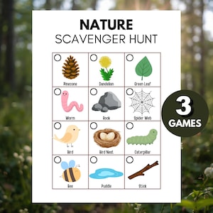 Könnte beinhalten: Ein Natur-Schnitzeljagd-Spielblatt mit Illustrationen von Tannenzapfen, Löwenzahn, grünem Blatt, Wurm, Stein, Spinnennetz, Vogel, Vogelnest, Raupe, Biene, Pfütze und Stock. Der Text lautet "NATURE SCAVENGER HUNT" und "3 GAMES".
