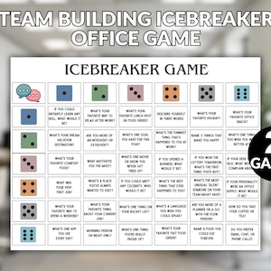 Könnte beinhalten: Ein druckbares Büro-Eisbrecher-Spiel mit einem Raster von Fragen, Würfelsymbolen und dem Text "Team Building Icebreaker Office Game". Enthält zwei Spiele pro Blatt. Perfekt für Teambuilding-Aktivitäten.