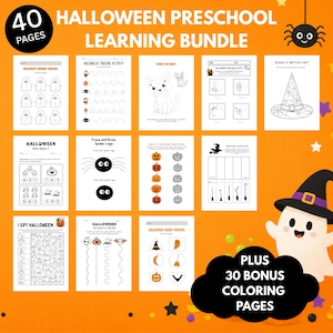 Könnte beinhalten: Ein 40-seitiges Halloween-Lernpaket für Vorschulkinder mit verschiedenen Arbeitsblättern zu Themen wie Nachspuren, Zählen, Zuordnen und Ausmalen. Der orangefarbene Hintergrund zeigt ein Geister-Cartoon mit einem Hexenhut.