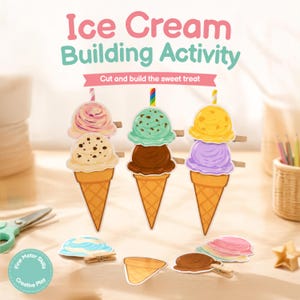 Ice Cream Building Activity for Kids, Printable Preschool Cut & Paste Game, Pre-K Homeschool Ice Cream Builder Matching Game, Montessori Fun