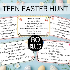 May include: A Teen Easter Hunt game with 60 clues. The game includes several clue cards with riddles and a black circle with the number 60 in white. The background is light blue with Easter eggs and flowers.