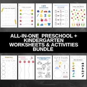 Könnte beinhalten: Ein Bündel von Arbeitsblättern und Aktivitäten für Vorschule und Kindergarten. Die Arbeitsblätter umfassen das Nachzeichnen von Buchstaben, das Verbinden von Blumen, ein Ich-sehe-Spiel, das Zählen von Äpfeln und mehr. Der Titel lautet "ALL-IN-ONE PRESCHOOL + KINDERGARTEN WORKSHEETS & ACTIVITIES BUNDLE".