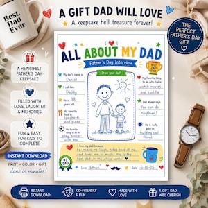 All About My Dad Printable, Father's Day Interview Worksheet, DIY Father's Day Gift, Preschool Classroom Kids Fill In Activity, Dad Keepsake