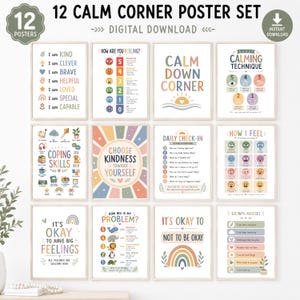 Könnte beinhalten: Ein Set aus 12 digitalen Postern zum Herunterladen mit dem Titel 12 Calm Corner Poster Set, bestehend aus pädagogischen Tafeln in Pastellfarben mit Illustrationen und Texten zu Emotionen, Bewältigungsstrategien und einer positiven Einstellung.