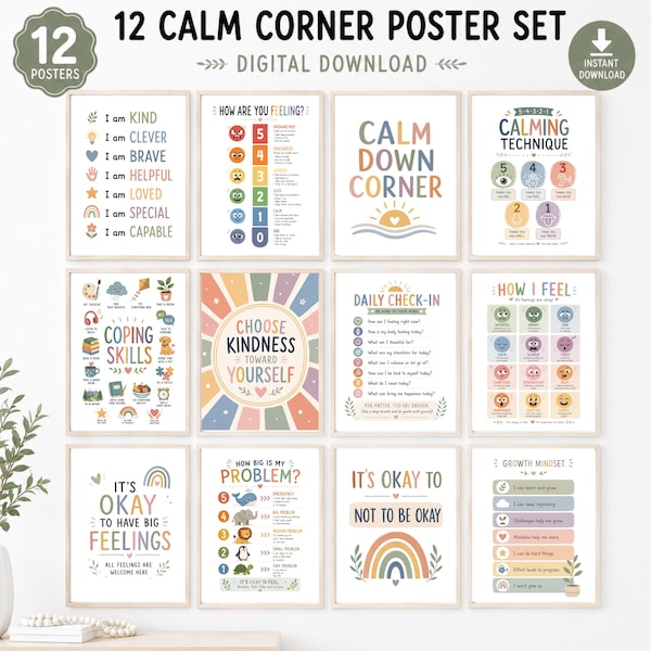 Może przedstawiać: Zestaw 12 cyfrowych plakatów do pobrania zatytułowany 12 Calm Corner Poster Set, zawierający tablice edukacyjne w pastelowych kolorach z ilustracjami i tekstem dotyczącym emocji, umiejętności radzenia sobie oraz nastawienia na rozwój.