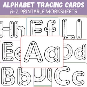 Könnte beinhalten: Alphabet-Nachspurkarten mit A-Z-Arbeitsblättern zum Ausdrucken. Jede weiße Karte zeigt Groß- und Kleinbuchstaben mit schwarzen Umrissen, nummerierten Richtungspfeilen und gestrichelten Linien, um die Schreibbewegungen für A bis H zu führen.