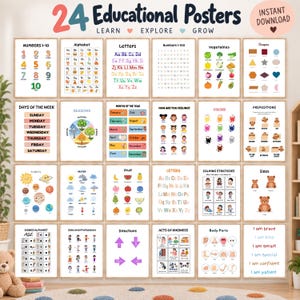 Könnte beinhalten: Ein Set aus 24 Lernpostern mit farbenfrohen Illustrationen und Texten für Kinder. Die Sammlung umfasst Tafeln zu Zahlen, Alphabet, Formen, Wochentagen, Jahreszeiten, Monaten, Gefühlen, Farben, Präpositionen, Planeten, Wetter, Obst, Größen, Gebärdensprache, Berufen, Richtungen, Freundlichkeit und Körperteilen.