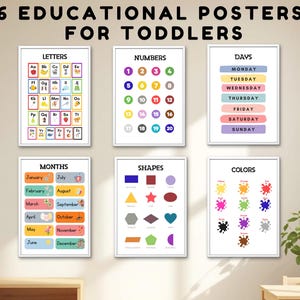 Könnte beinhalten: Sechs Lernposter für Kleinkinder, jeweils in Weiß gerahmt. Die Poster zeigen Buchstaben, Zahlen, Wochentage, Monate, Formen und Farben. Die Poster sind mit farbenfrohen Illustrationen und Text gestaltet.