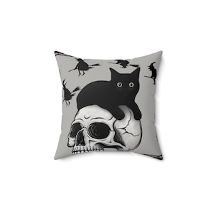 Witch-Themed Decorative Pillow, Halloween Decor, Cat and Skull Cushion, Spooky Home Accent, Gift for Cat Lovers