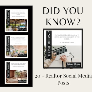 May include: A promotional graphic for realtor social media posts. The image features three smaller graphics with text, and one larger graphic with a laptop. The text includes "Did You Know?" and real estate facts. The graphic also includes the text "20 - Realtor Social Media Posts."